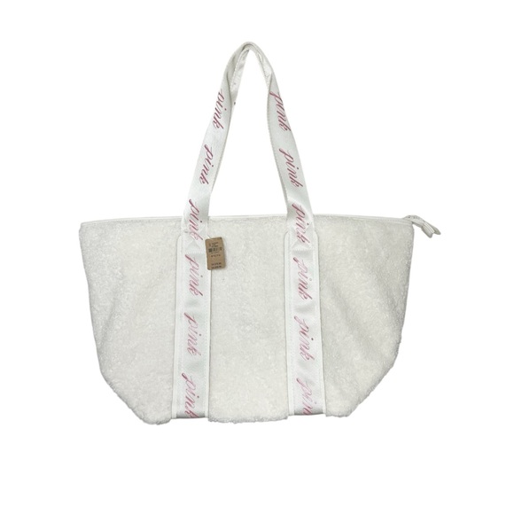 NWT PINK Victoria's Secret Sherpa Cream Tote Ribbon Straps Large Logo Cozy - Picture 3 of 12